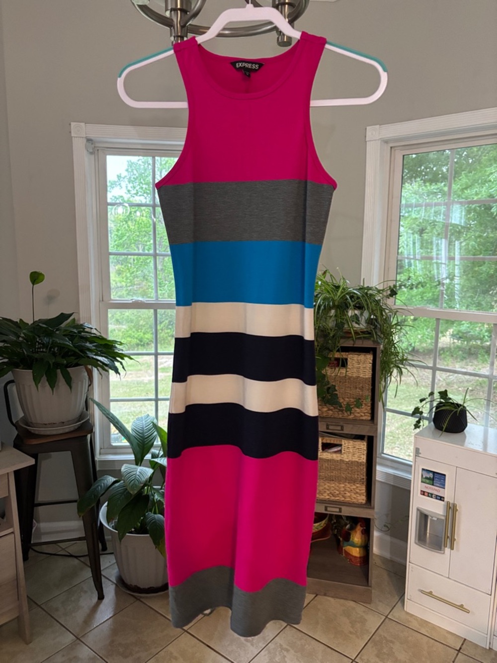 Express Pink, Blue, Navy & White Colorblock Tank Midi Dress